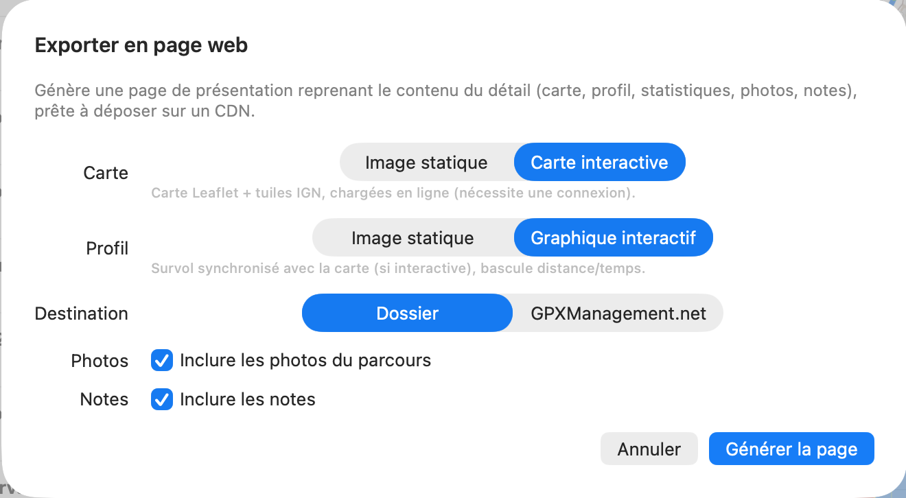 Feuille « Exporter en page web » avec ses options
