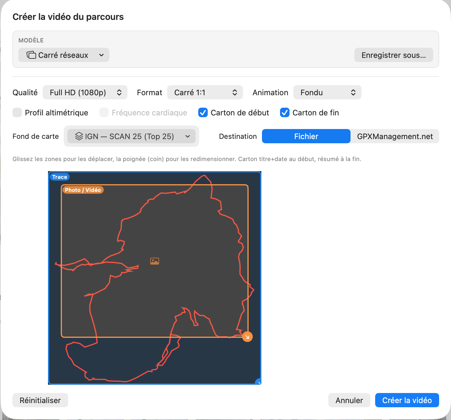Fenêtre Créer la vidéo du parcours