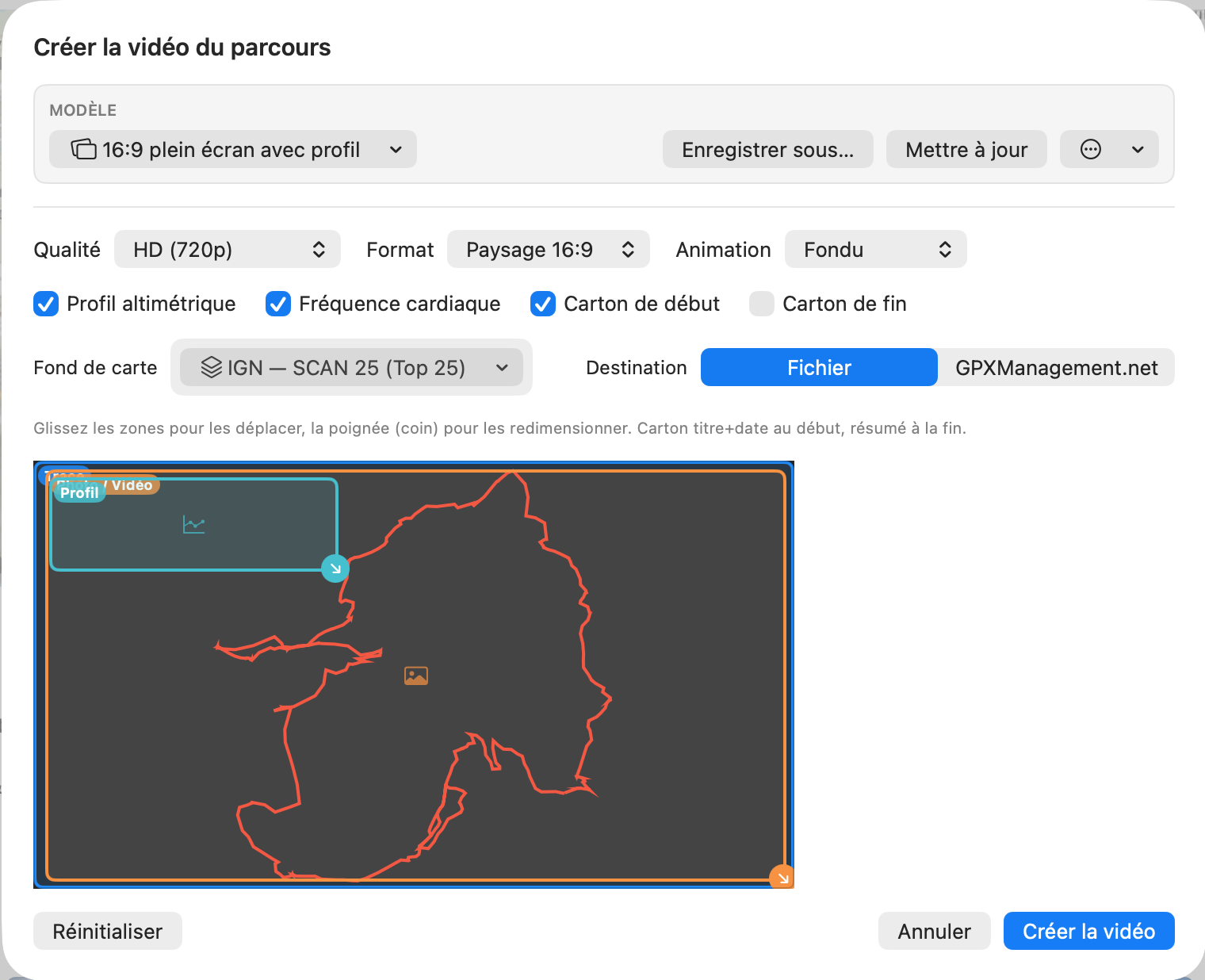 Éditeur de mise en page du film : zones déplaçables et redimensionnables