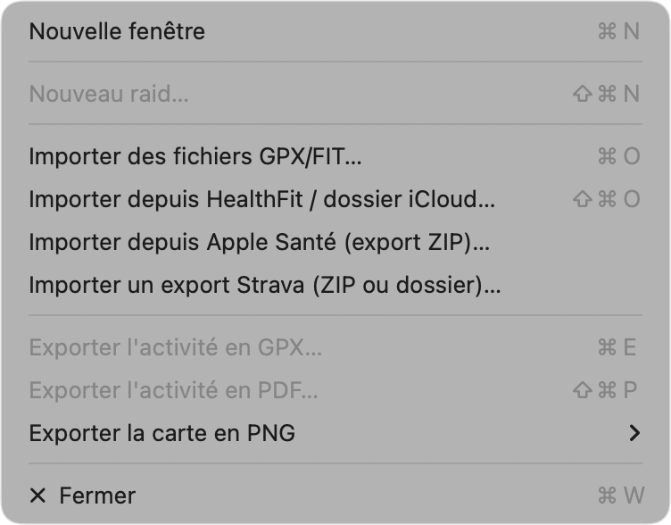 Menu Fichier : importer des fichiers GPX/FIT, HealthFit, Apple Santé, Strava