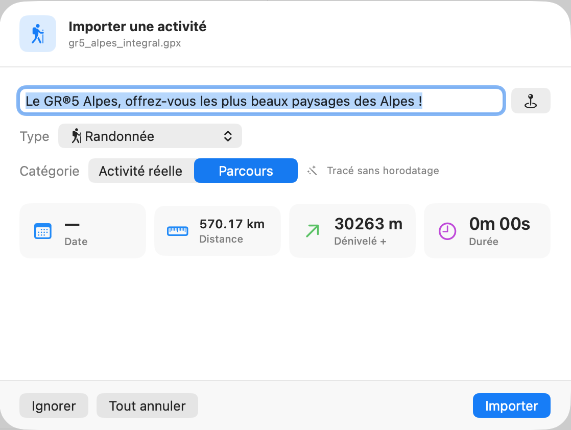 Fenêtre Importer une activité : titre, type, catégorie, statistiques