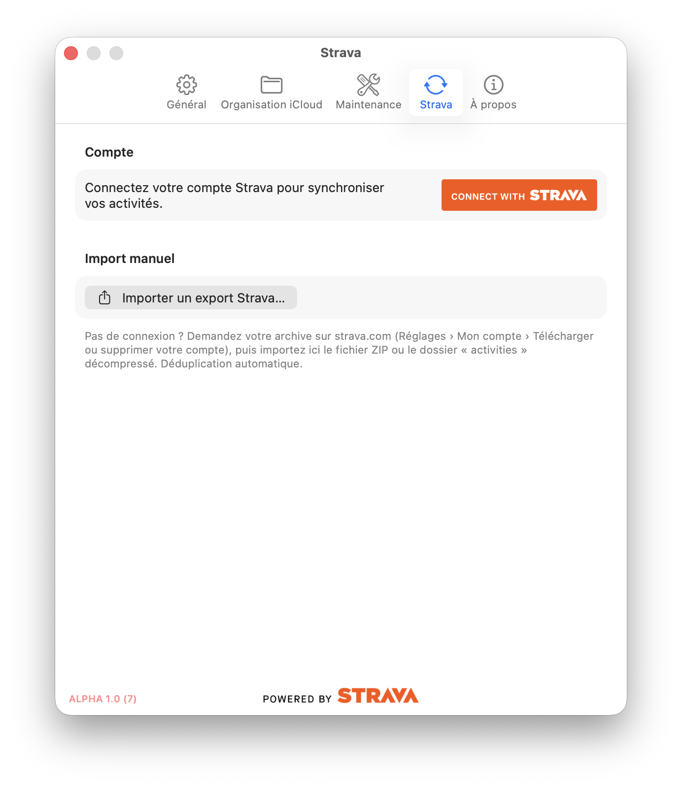 Onglet Strava des réglages de GPXManagement