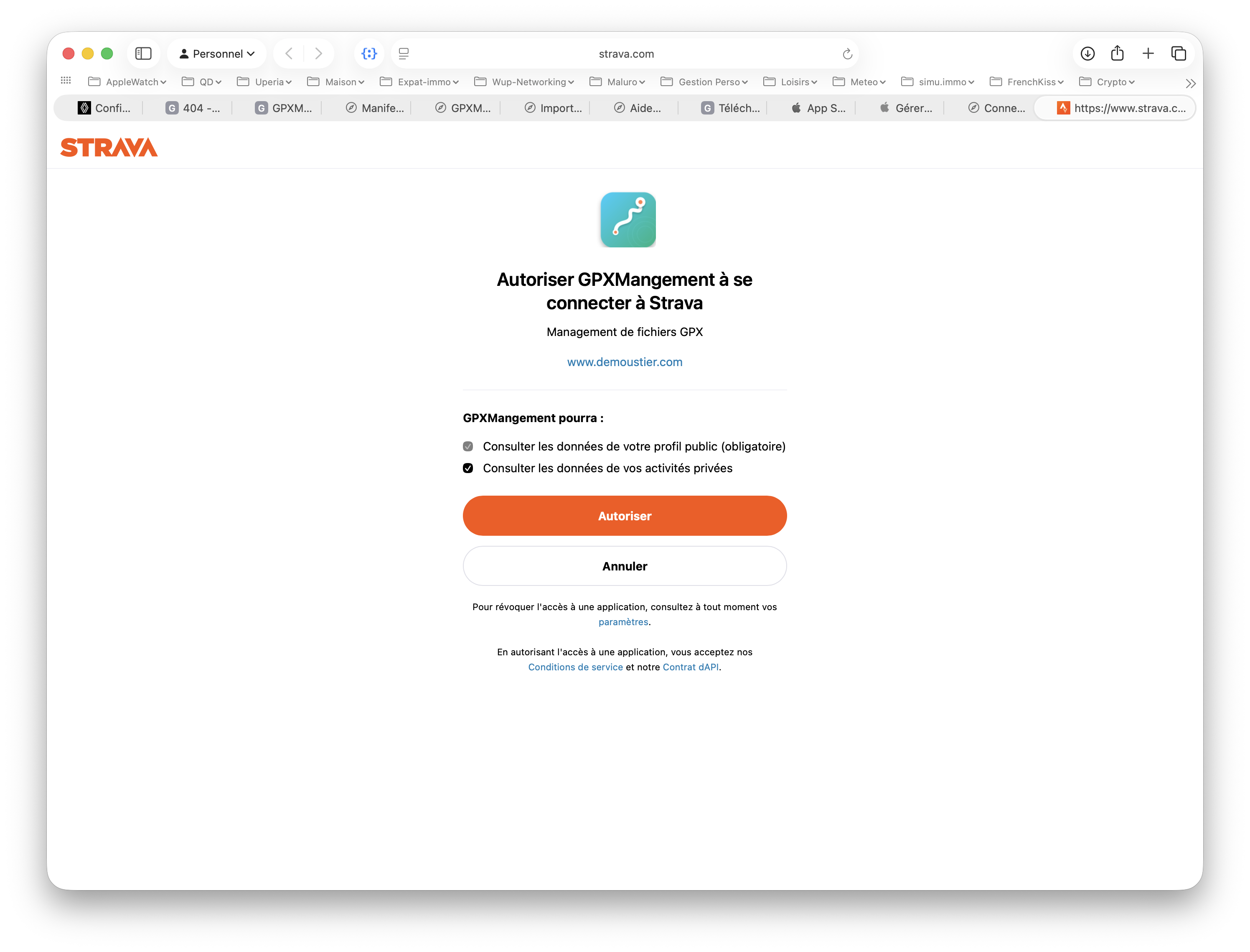 Page d'autorisation Strava avec le bouton Autoriser