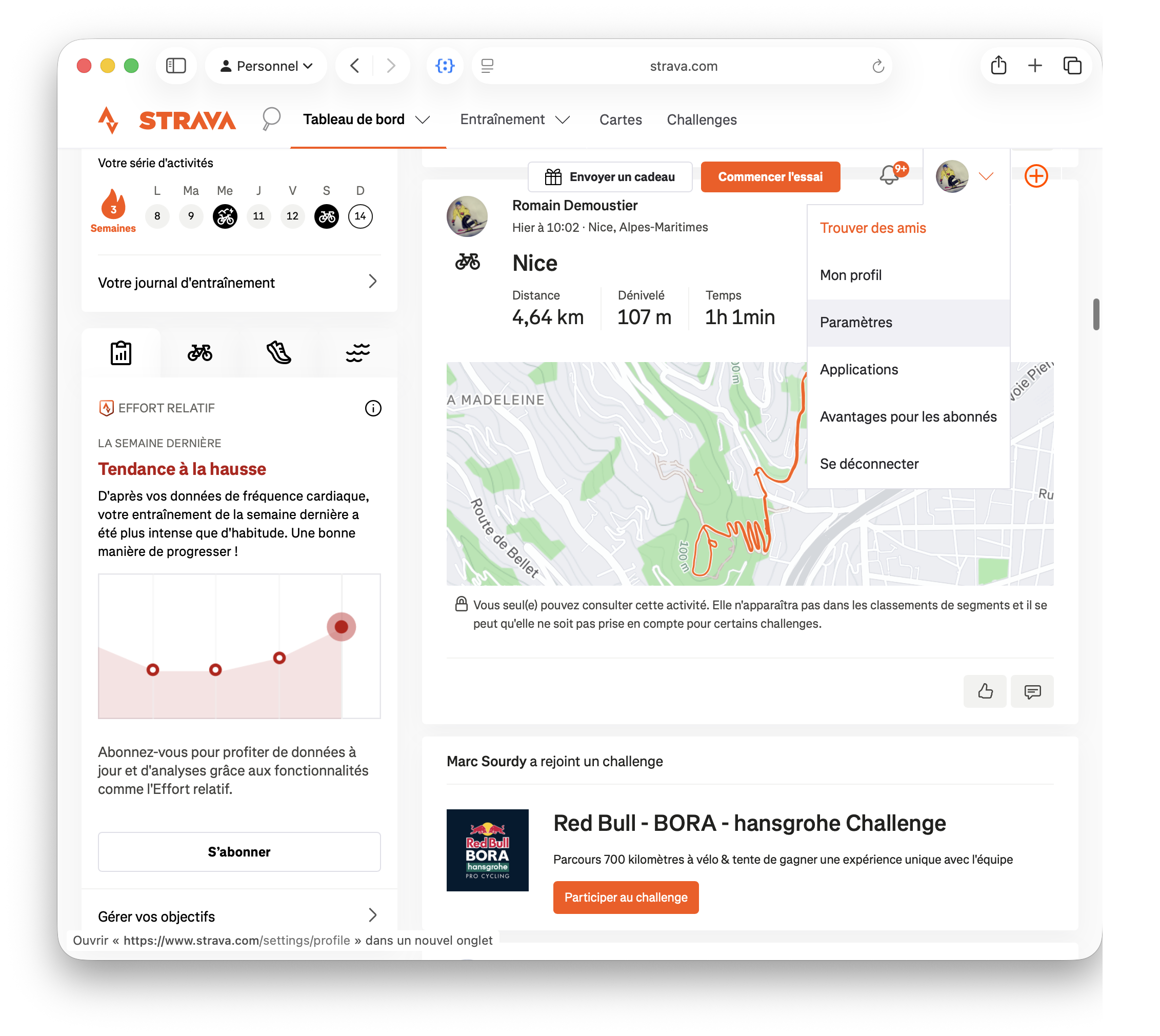 Menu du profil Strava ouvert sur Paramètres