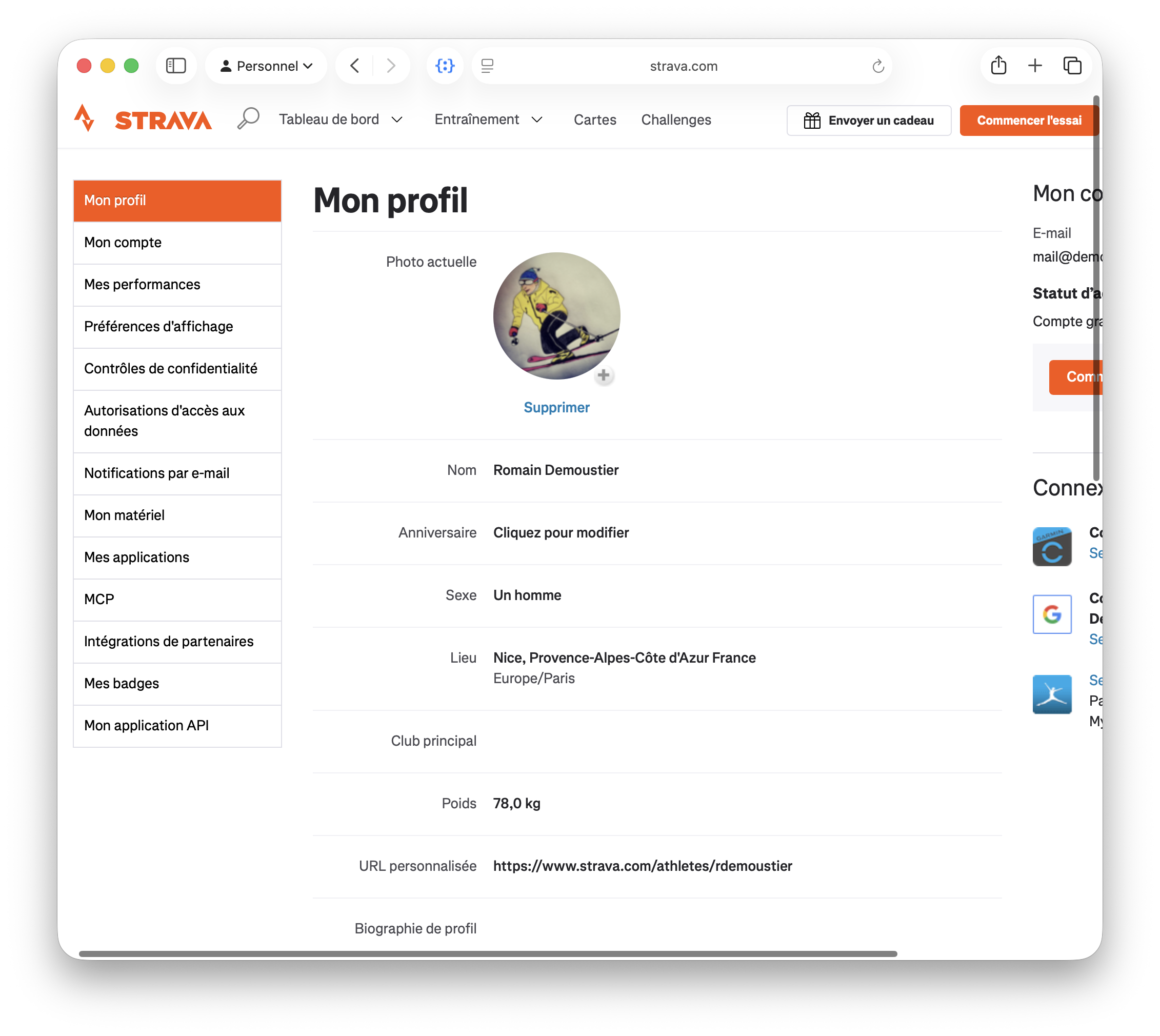 Onglet Mon compte dans les paramètres Strava