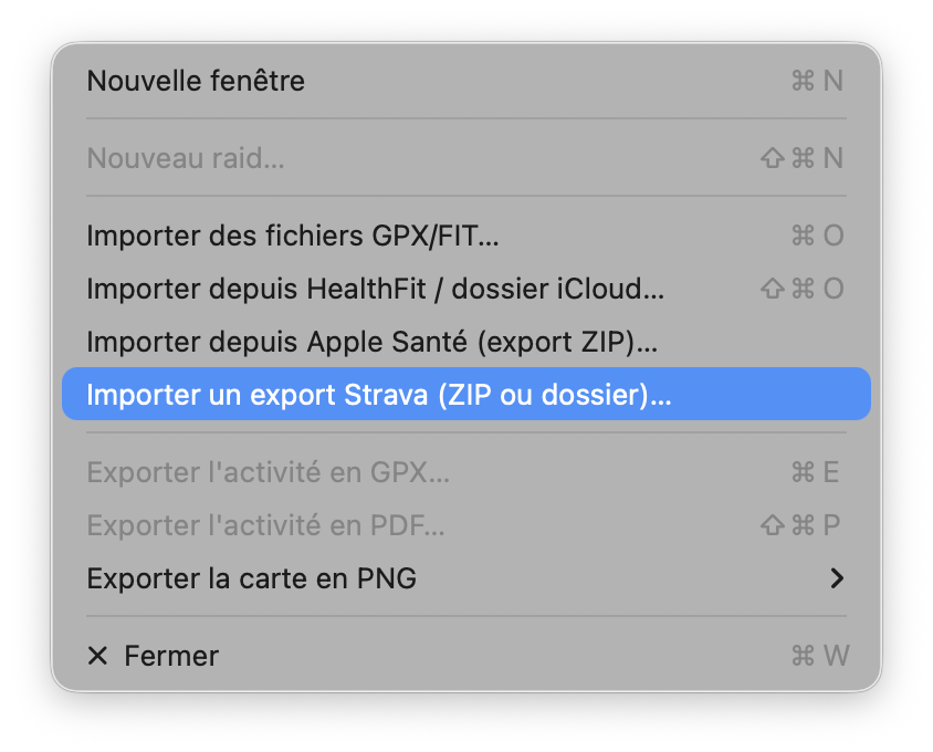 Menu Fichier de GPXManagement, Importer un export Strava